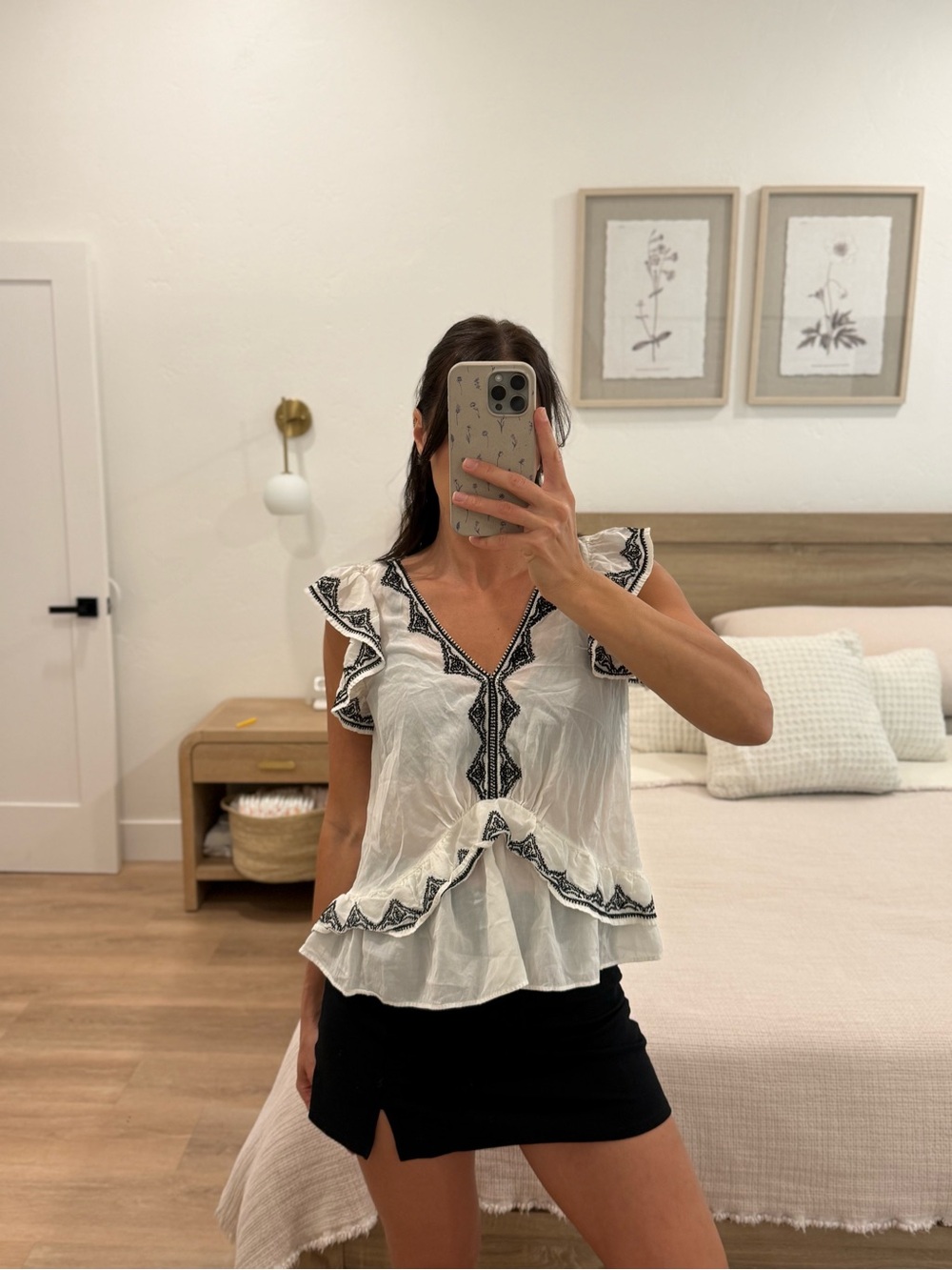 Zara White V-Neck Ruffle Blouse with Black Embroidery